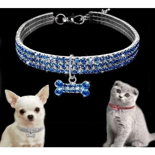 Small Pet Collars For Cat Puppy Dogs Elastic Adjustable Necklace With Diamante Rhinestone Lead Accessories Cats Collar