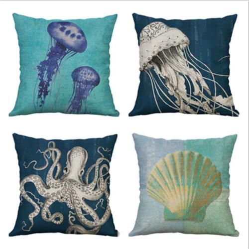 Octopus Conch Pattern Cotton Linen Cushion Cover Marine Organism Pillow Case 18" Home Decor