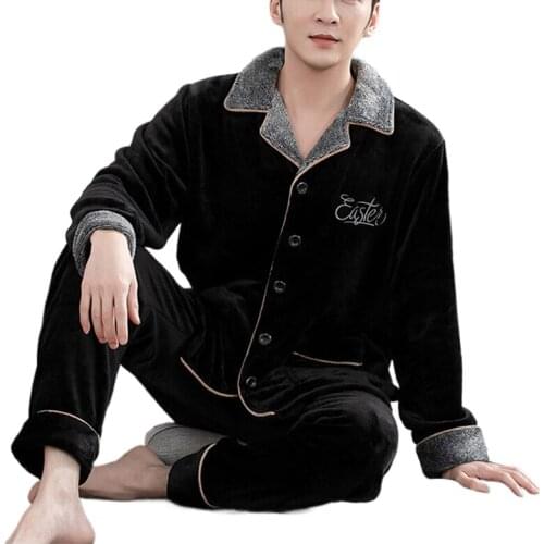 Pajama sets for men winter thickening plus velvet coral fleece cardigan lapel autumn flannel warm home cloth suit male pajamas