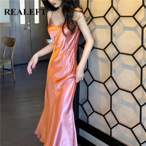 REALEFT Satin Womens V Neck Sexy Long Dress 2021 New Pajamas Party Dress Elegant Female Summer Spaghetti Strap Fishtail Dress