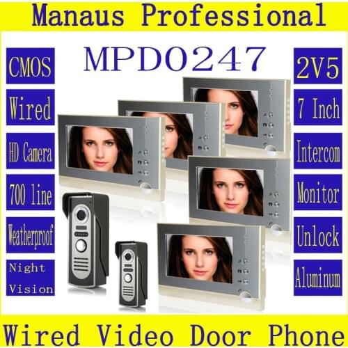 Professional 7" Wired Video Door Phone Door bell for Home Security with Ir Camera,Two to Five Video Doorphone Doorbell D247a