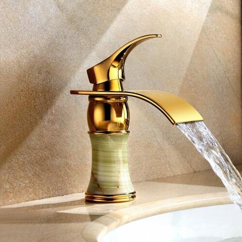 Luxury brass jade gold finished bathroom sink waterfall faucet golden basin Hot and cold water mixer tap faucet--MD4953