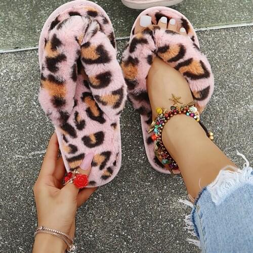 Warm Fluffy Slippers Women Cozy Faux Fur Cross Indoor Floor Slides Flat Soft Furry Shoes Ladies Female Leopard Flip Flops