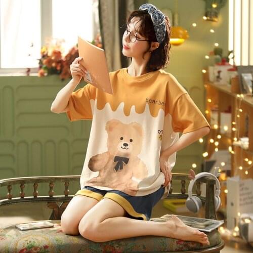 Women Short-Sleeved Pajamas 2021 Summer Cotton Plus Size Pijamas Lady Cute Sleepwear Girl Cartoon Sexy Nightie Casual Home Wear
