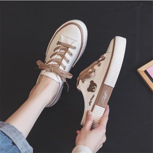 Bear Embroidery Canvas Shoes Women Slip On Mules Flat Heel Casual Shoes Fashion Female Sneakers Solid Trainers Women Shoes