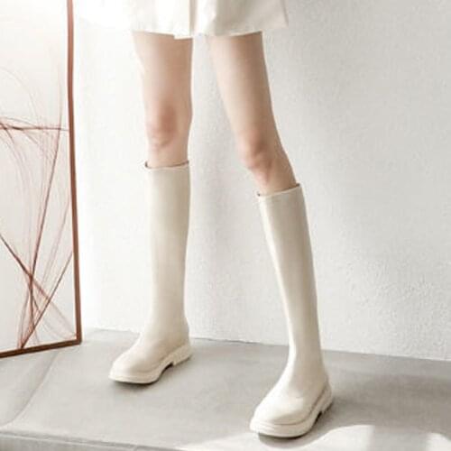 2021 New Platform Knee-High Boots Slip-on Block Heel Footwear Women High Heels Leather Shoes Fashion Spring Female Classic Boots