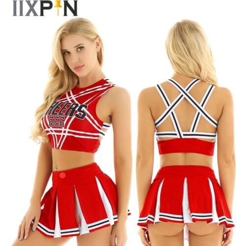 Women Charming Cheerleader Cosplay Costume Set Sleeveless Pentagram Back Crop Top with Mini Pleated Skirt Jazz dance costumes