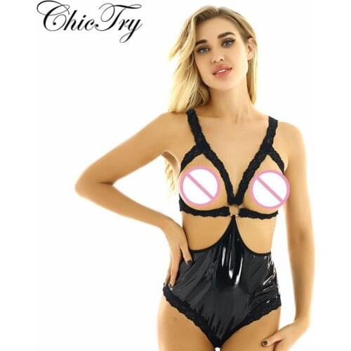 Women Erotic One-piece Lingerie Floral Lace Open Cups with Patent Leather Spliced Open Butt Bottoms Teddy Bodysuit Nightwear