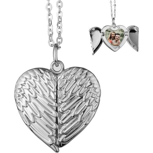Guardian Angel Wing Feathered Locket Necklace Silvertone Deceased Memorial Jewelry Small HEART Photo Locket Pendant Necklace IK9
