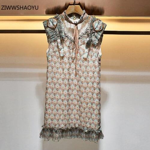 ZIWWSHAOYU Summer Fashion Women Knee-Length Dress Stand Collar Bow Sleeveless Straight Type Print Ruffles Hem Dresses Vestidos