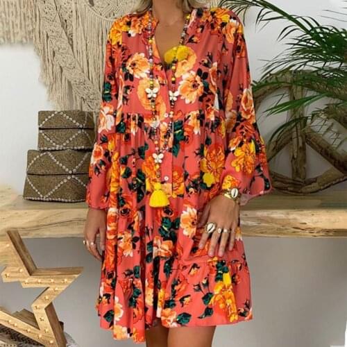 2020 Women Summer Dress Boho Style Three Quarter Sleeve Floral Print Chiffon Beach Dress Tunic Loose Mini Party Dress