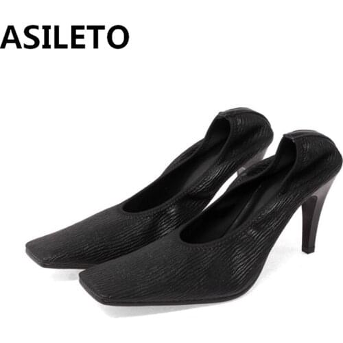 ASILETO New 2021 Ladies Pumps Square Toe 8.5cm Block Heels Genuine Leather Concise Stretchy Elegent Ins Casual Summer A3443