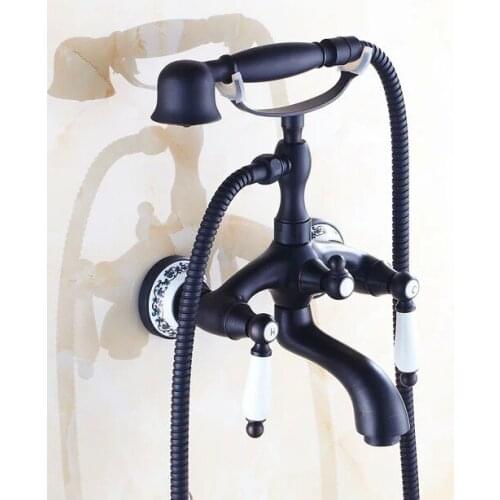Black Oil Rubbed Brass Double Ceramic Handles Wall Mounted Claw Foot Bathroom Tub Faucet Mixer Tap With Handshower mtf531