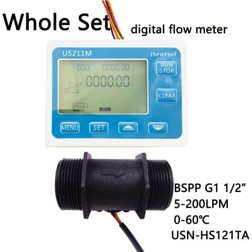 US211M Digital Flow Meter & USN-HS121TA PA66 Nylon and Fibre Glass Hall Flow Sensor Measurement 5-200L/minBSPP G1 1/2" Dijiang