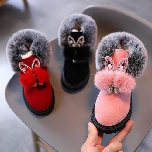 Children Flock Ankle Boots Girls Fashion Boot 2020 Winter Warm Plush Pointed Toe Shoes Kids Antislip Casual Shoes Pink Red 21-30