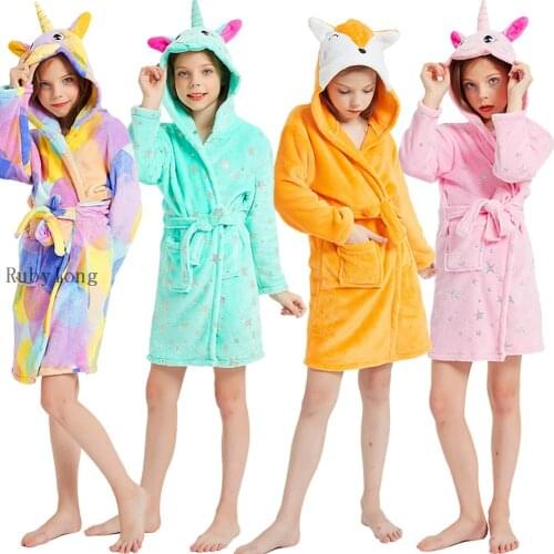 Unicorn Hooded Children Bathrobes Baby Stitch Bath Robe Animal For Boys Girls Pyjamas Nightgown Kids Sleepwear Cartoon Robes