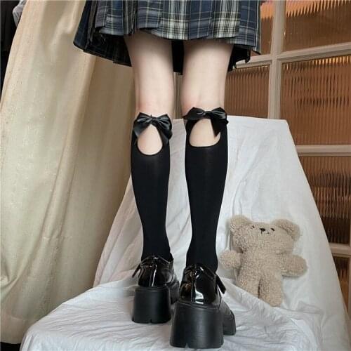 Lolita Bowknot Stockings Women Hole Long Socks JK Thigh High Knee Socks Femme Black White Velvet Sock Elastic Calcetines M