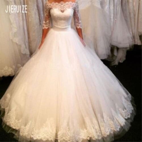 JIERUIZE New Half Sleeve Wedding Dresses Boat Neck With Appliques Lace Up Back Wedding Gowns Vestido de noiva Bridal Dresses