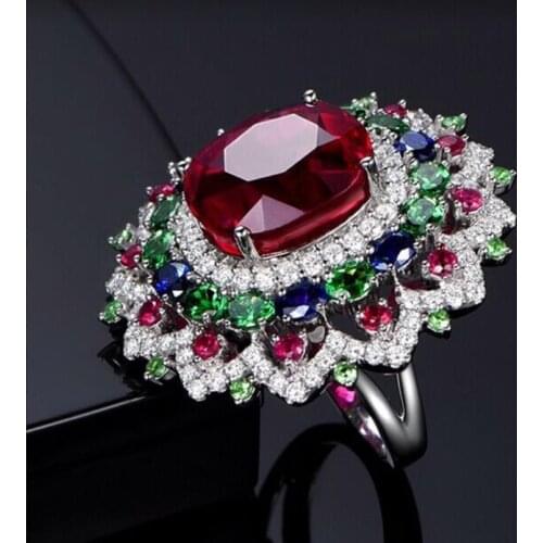 Luxury Femme Silver Color Big Large Flower Multicolor Zircon Ring For Women Gift Party Bijoux Engagement Wedding Jewelry