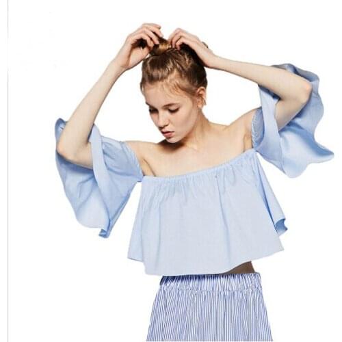 Summer New Style Fashion Stock Women Flare sleeve Tank tops Off shoulder tee shirt Crop Top Cropped