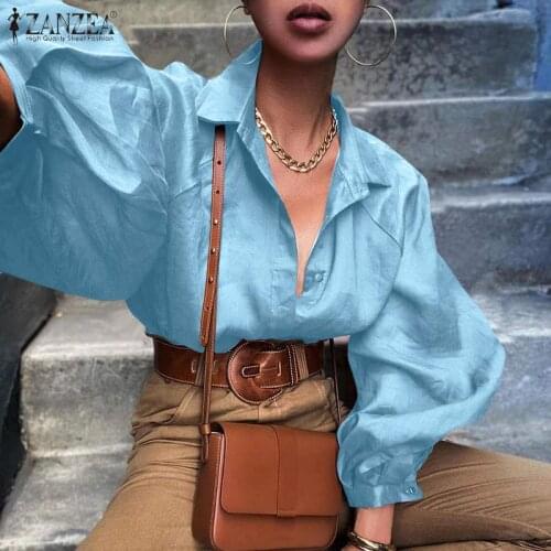 Fashion Stain Shirts Womens Puff Sleeve Tops ZANZEA 2021 Casual Lapel Button Down Blusas Female Solid Tunic Chemise