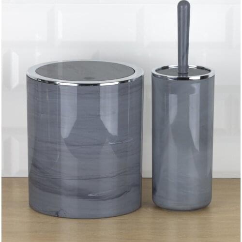 OceanLand Chrome Square-Round Marble Patterned Bathroom Set of 2 Hard Plastic Raw Material Trash bin Toilet Brush