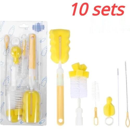 10 sets 6Pcs Baby Bottle Brush Set Baby Nipple 360-degree Rotating Clean Sponge Spout Cup Brush Kit Bottle Clean Tool