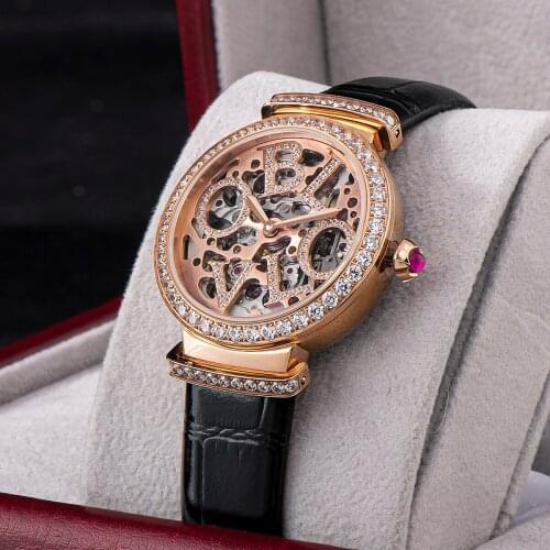 OBLVLO New Design Women Fashion Skeleton Automatic Watches Top Brand Luxury Female Wrist Watch Genuine Leather Strap