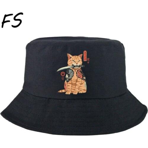 Japanese Catana anime Bucket Hats for men Foldable Fisherman Hat Unisex cool cat Bob Caps Hip Hop Gorros Women Panama Bucket cap