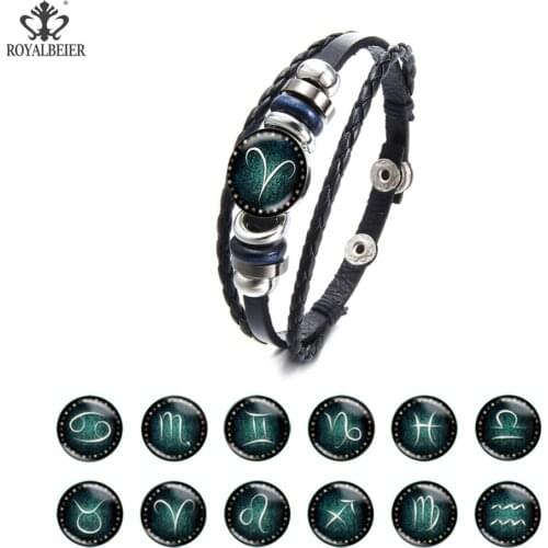 ROYALBEIER New Arrivals Fashion Multiple Layer Twelve Constellations Leather 12 Zodiac Bracelet Weave Rope Braslet Jewelry