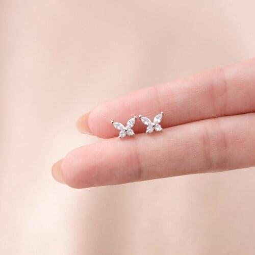 KAMIRA Real 925 Sterling Silver Romantic Mini Butterfly White Zircon Stud Earrings for Women Chic Wedding Piercing Jewelry Gift