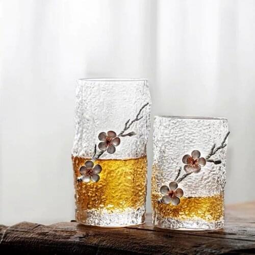 Double WallGlass Inlaid Plum Blossom Water CupTeacup Wine Glass Office Household Personal Cup Thickened Japanese Hammer Pattern