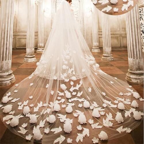 Luxury Cathedral Length Wedding Veil with Comb 3D Floral Appliques Bridal Veils In Stock