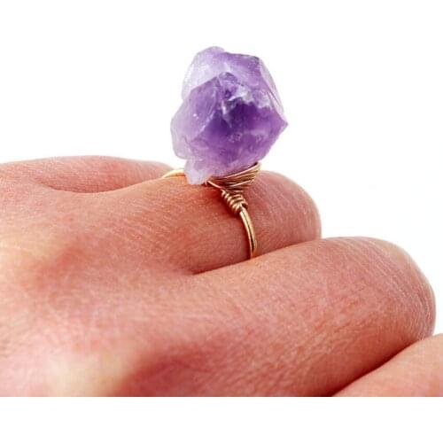 FYJS Unique Light Yellow Gold Color Irregular Shape Natural Amethysts Stone Resizable Finger Ring Fashion Jewelry