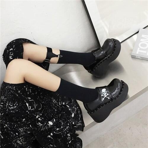 YMECHIC 2021 Autumn Punk Street Style Rivet Patent Leather Skull Picture Platform Pumps Waterproof Non-slip Thick Bottom Shoes