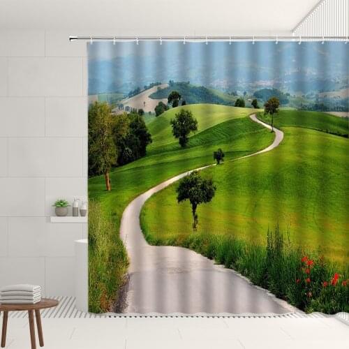 Natural Scenery Shower Curtain Farm Old Retro Wooden House Green Forest Tree Sky Grassland Home Living Room Bathroom Deco Screen