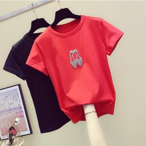 Tshirt Ladies 2021 Spring Summer New Red Loose Round-Neck Hot Drilling Cotton Short-Sleeve T-shirts Woman Tops Tee Large size