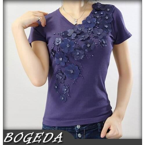 Fashion v-neck T-shirt Bogeda women tops female short sleeve flowers pullover T shirt purple black white stock clearance