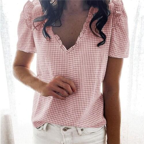New Casual Blouse Shirt Women Short Sleeve Ruffle Elegant Plaid Printed V-neck Tops 2021 Summer Female Fashion Pullover Blouses