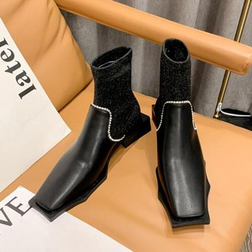 2021 Luxury Women Black Square Toe Sock Boots Winter Designer Glitter Crystal Ankle Boots Patent Leather Stretch Fabric Boots