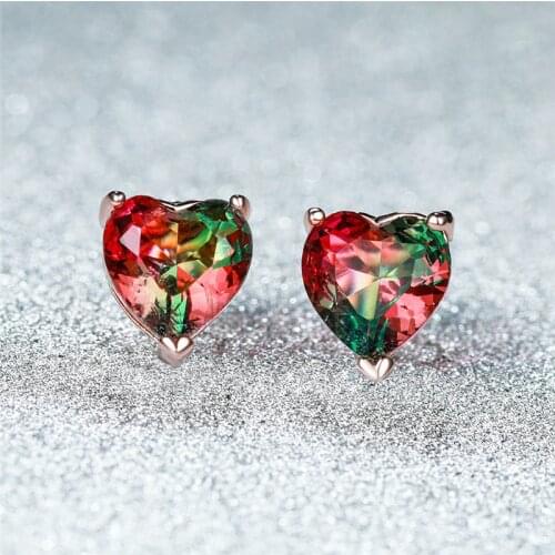 Vintage Fashion Rose Gold Love Heart Stud Earrings For Women Red Green Crystal Rainbow Gradient Zircon Earrings Wedding Jewelry