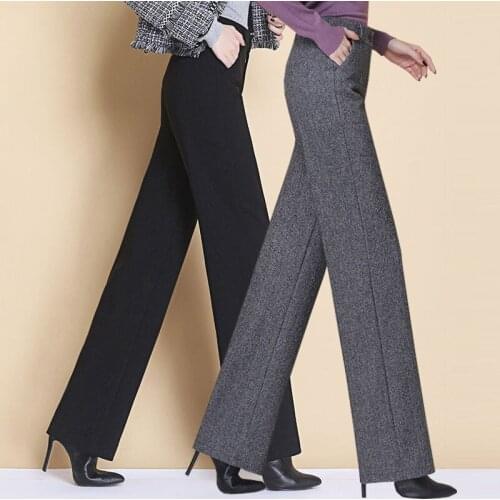 2021 Autumn Winter Women Elegant Woolen Pants Female Thick Warm Pockets High Waist Loose Trouser Lady Casual Solid Pants K534