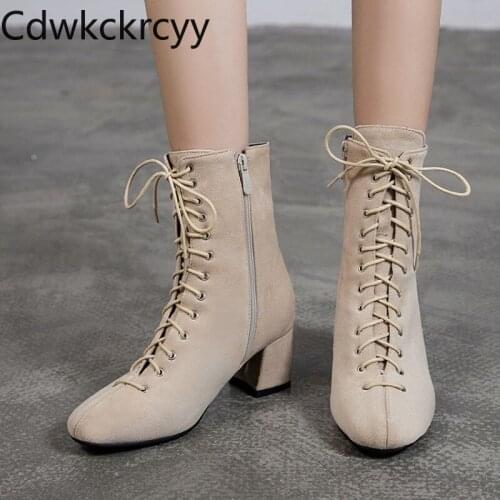 Winter The New fashion Round head Thick with 6CM Martin boots cross Lace Plus velvet Keep warm High heel Women boots size 34-45