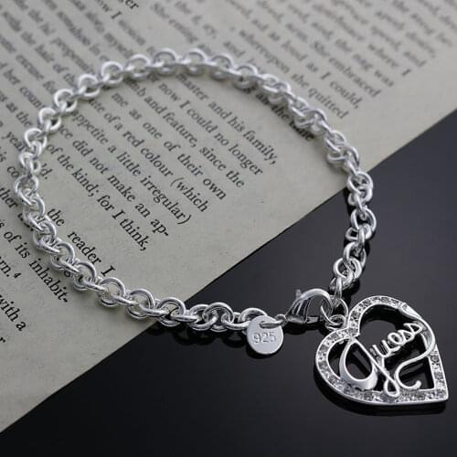 Women 925 Sterling Silver Heart Pendant Chain Bracelets Wedding Engagement Fashion Charm Party Jewelry