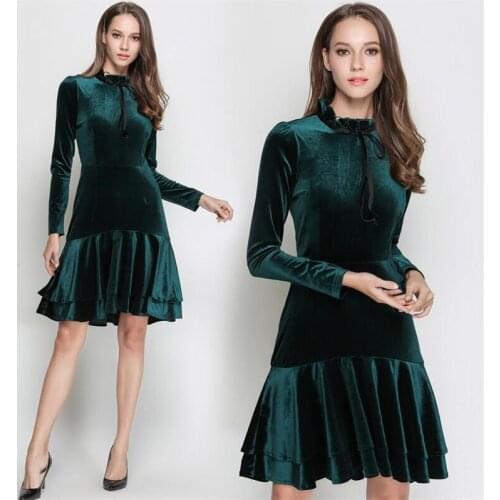 Preppy style 2020 women spring autumn velvet trumpet dress solid ruffled bow empire dress Vestido plus size women dress
