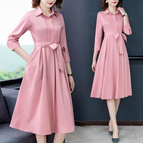 Pink shirt dress women 2020 spring autumn pleated bandage tunic dress ladies elegant work midi long dress robe femme vestido