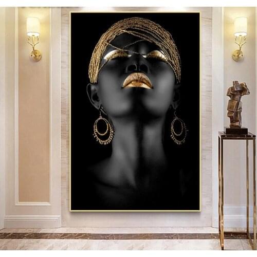 African Art Black Gold Woman Oil Painting Canvas Art Cuadros Wall Art Posters Prints Scandinavian Wall Picture for Living Room