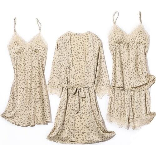 Satin 4PCS Pajama Set With Breast Pads Women Sleepwear Sexy Four Pieces PJS Suit V-Neck Pyjamas Nightwear Loose Loungewear