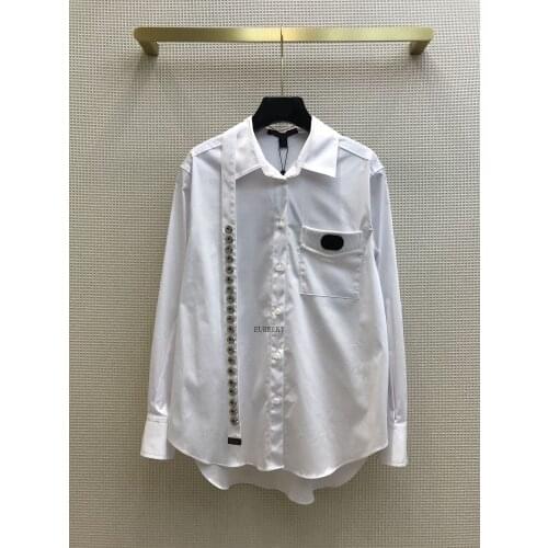 White Luxury Shirts Brand Women 2021 Autumn All-match Lapel Long Sleeves Cotton Metal Ribbon Patchwork Loose Shirt Blouses