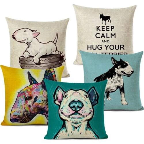 Bull Terrier Cushion Cover Cute Dog Printed Linen Pillows Cover Car Sofa Decorative Pillowcase Home Decor Case 45x45cm